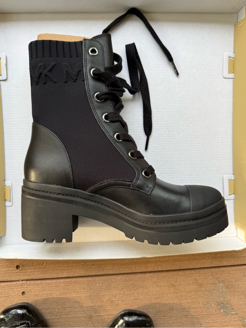 Michael Kors Combat Knit Lace-Up Block Heel Ankle Boots - Black NIB